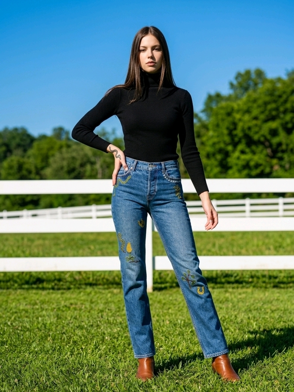 Reformation Blue Straight-Leg Jeans with Yellow & Green Embroidery Juno Size 31 - Picture 2 of 16